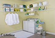 A simple and inexpensive solution to laundry storage using steel wire shelving in white.