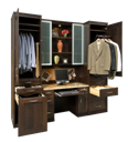 This custom unit stores a lot in a small space and incorporates a lot of special features like a hamper, desk area and hanging space.